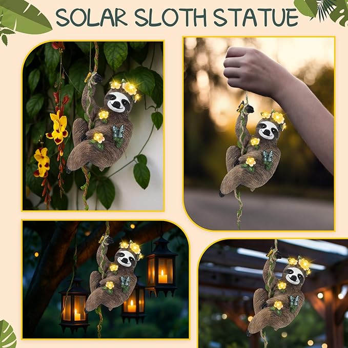 1Pcs 8x5 Inch Solar Sloth Hanging Statue Christmas Resin Garden Gnome Figurine Sloth Decorative with Hook Gifts for Mom Grandma for Outdoor Yard Tree Fence Balcony Wall Decor