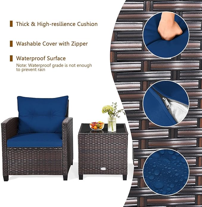 KOTEK 3 Piece Patio Furniture Set, Outdoor Conversation Set with Washable Cushions & Tempered Glass Tabletop, PE Rattan Wicker Bistro Set for Porch, Garden, Balcony (Navy Blue)
