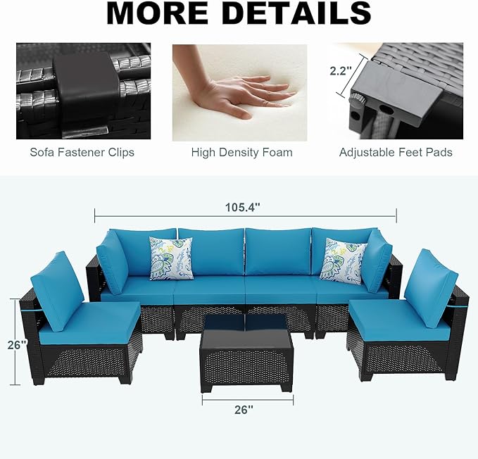 7 Pieces Patio Furniture Set, Outdoor Sectional Rattan Sofa Set, Wicker Patio Conversation Set with Cushions and Glass Coffee Table, for Balcony, Porch, Garden, Coffee and Peacock Blue