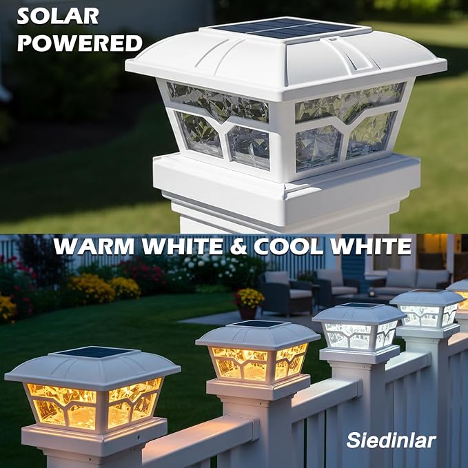 SIEDiNLAR Solar Post Cap Lights Outdoor 2 Color Modes 8 LEDs for 4x4 5x5 6x6 Posts Fence Deck Patio Decoration Warm & Cool White Lighting (4 Pack) - Image 3