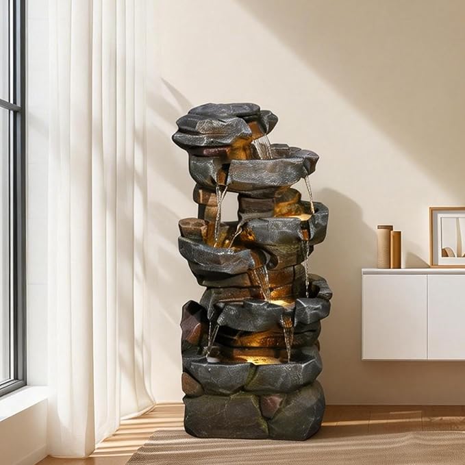 42" H Outdoor Water Fountain with 5 Tiers Large Cascading Realistic Tree Trunk Waterfall Fountains with LED Lights Outdoor Water Fountain for Garden Patio Backyard Porch Home Decor