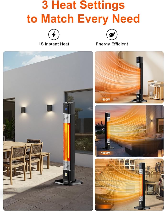 Uthfy Electric Outdoor Patio Heater,1500W Infrared Heater with 24H Timer, Remote, Waterproof, Quiet Portable Space Heater for Large Room, 35” Tower Heater for Indoor Garage, Balcony, Backyard, Shop