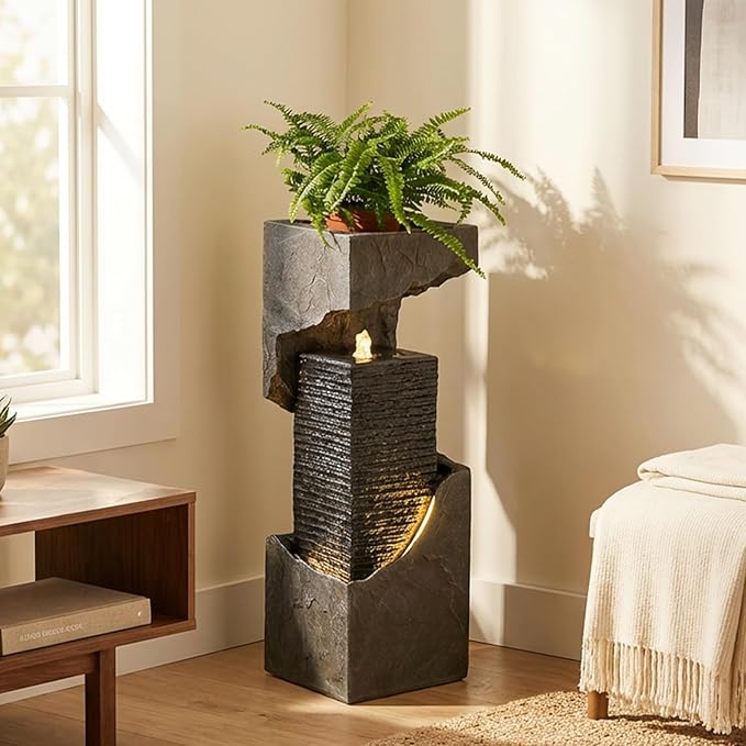 35.4" H Water Fall Fountains Indoor Waterfall Fountain Outdoor with LED Lights Floor-Standing for Outside Garden, Patio, Backyard, Deck Decor, Pool, Porch, Landscaping, Balconies