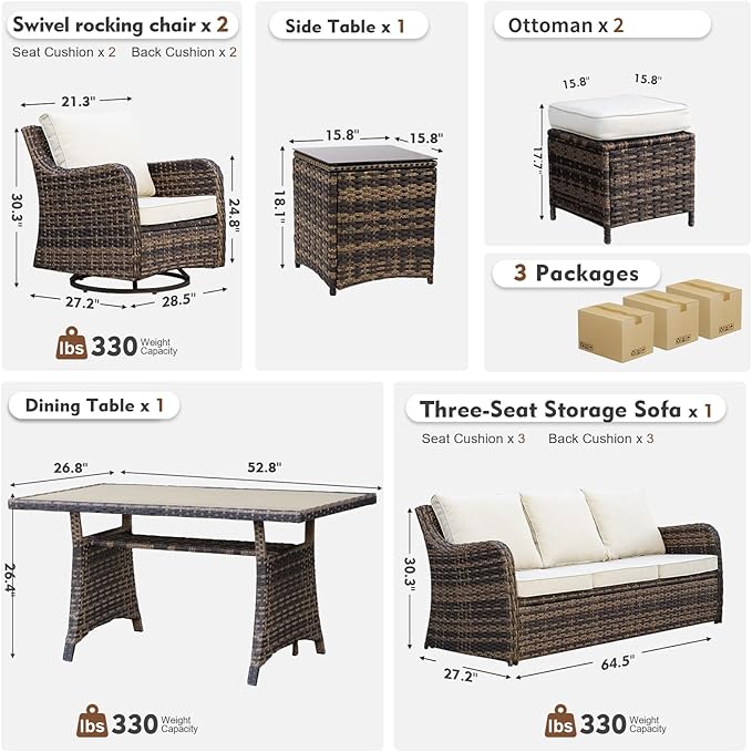 MEISSALIVVE 7 Pieces Patio Furniture Set with Swivel Chairs, Wicker Patio Conversation Set, Outdoor Patio Set with 2 Swivel Rocking Chair & Sofa, 2 Ottomans and Dining Table (Brown)