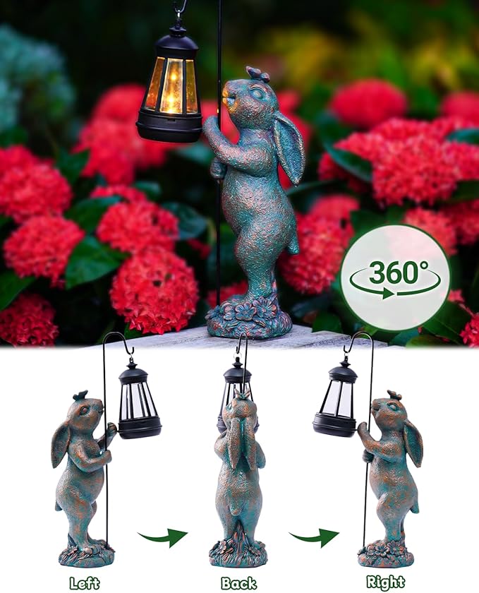 Garden Statues Outdoor Bunny with Solar Lantern – Rabbit Yard Decor, Waterproof Resin Figurine Pathway Light for Lawn & Patio