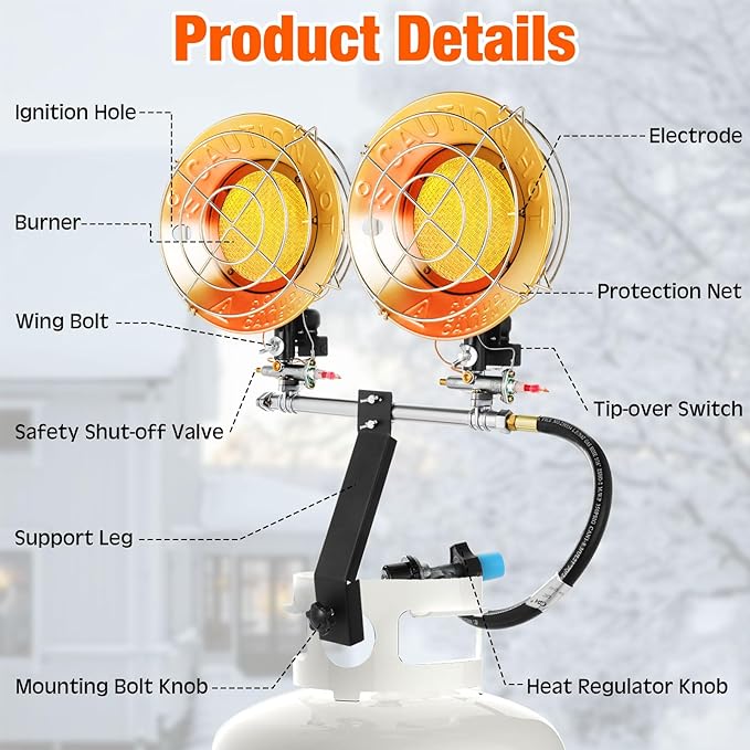 Honoson 30,000 BTU Propane Tank Top Heater with Double Head Portable Outdoor Heaters with Gauge Leak Detector Tank Top Heat Safety Shut-off Valve LP Gas for Camping Patio Garage Porch
