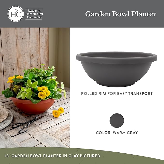 The HC Companies Shallow Planter with Drainage - Contemporary Garden Bowl Planter for Flowers, Herbs & More - Round Succulent Planter Pot for Indoors and Outdoors (24" Warm Gray, Pack of 1)