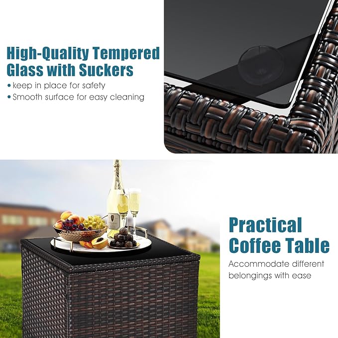 HAPPYGRILL 3 Pieces Patio Conversation Set, Outdoor Furniture Set PE Rattan Sofa Set with Removable Cushions, PE Wicker Chairs with Tempered Glass Side Table for Porch Lawn Garden Balcony Backyard