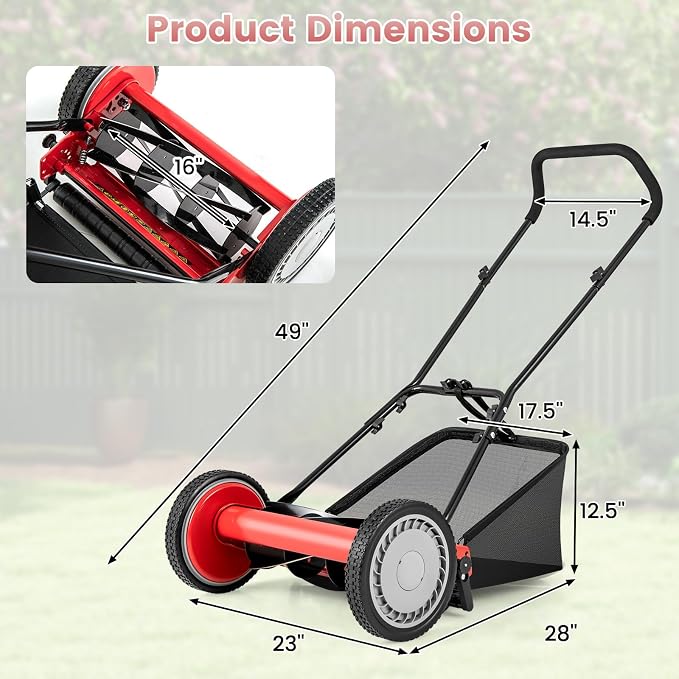 16-inch 5-Blade Push Reel Lawn Mower, Walk-Behind Grass Cutter w/Removable 7 Gallon Grass Catcher Bag & Adjustable Cutting Height, Cordless Manual Lawn Mower for Garden, Lawn, Yard (Red) - Image 8