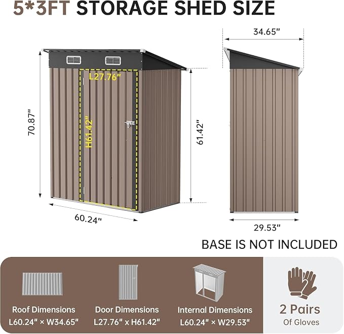 5x2.5 FT Vertical Metal Storage Shed, Lockable Outdoor Garden Tool Shed with Sloped Roof, Heavy-Duty Steel Utility Shed for Patio Backyard, Brown - Image 2