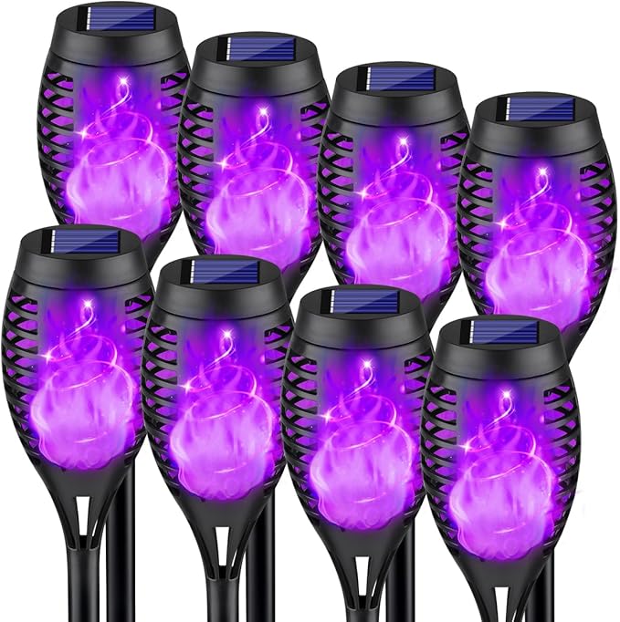 8Pack Halloween Decorations Outdoor, Halloween Solar Lights with Purple Flame for Yard Decor, Waterproof Solar Garden Lights for Outside Decor, LED Flame Torches for Pathway Yard Decorations Outdoor