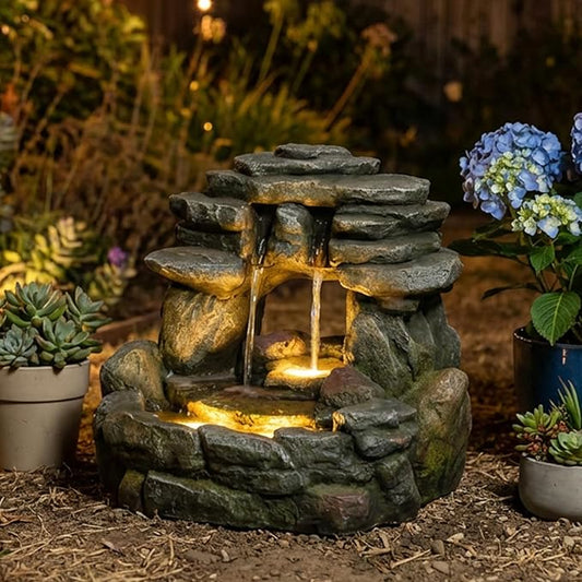15.6" H Small Garden Outdoor Rock Water Fountain with LED Lights, 3-Tier Cascading Waterfall Fountain for Patio, Porch, Backyard & Indoor Home Decor