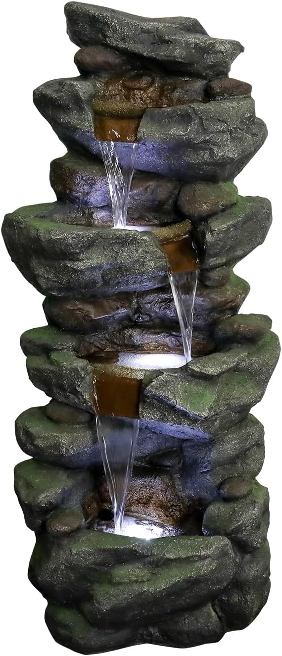 SunJet 40in Outdoor Water Fountain with LED Lights - 4-Tier Polyresin Rock Water Fountain for Home Garden, Yard, Patio, Deck Decor - Soothing Tranquility Floor-Standing Fountains