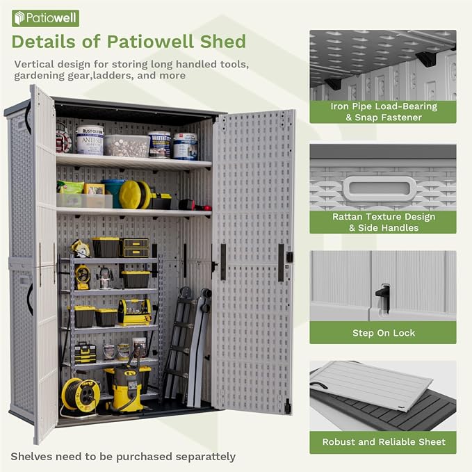 Patiowell 50 cu.ft Plastic Outdoor Storage Shed, Lockable Waterproof Resin Storage Cabinet Vertical Storage Shed for Garden Tools, Garbage Cans, Pool Supplies, White(Not Include Shelves) - Image 5