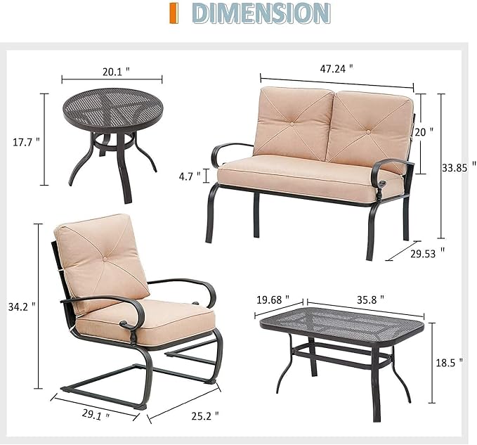 SOLAURA 5-Piece Patio Furniture Conversation Sets with Wrought Iron Loveseat and Spring Chairs(Brown)