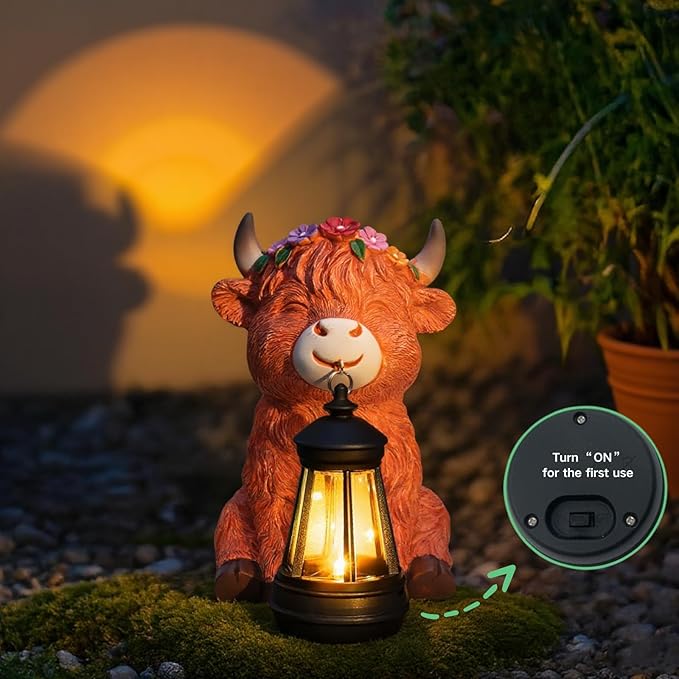 Garden Statues Highland Cow with Solar Lantern, Outdoor Highland Cow Figurines Decorations for Patio Yard Lawn Ornaments, Gifts for Mom/Grandma Birthday Housewarming