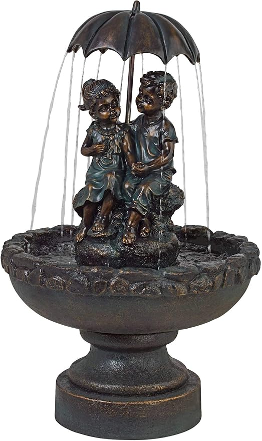 Boy and Girl Under Umbrella 40" High Large Rustic Indoor Outdoor Cottage Core Decor Bronze Floor Fountain Standing Waterfall Basin Water Feature for Outside Garden Patio Yard - John Timberland
