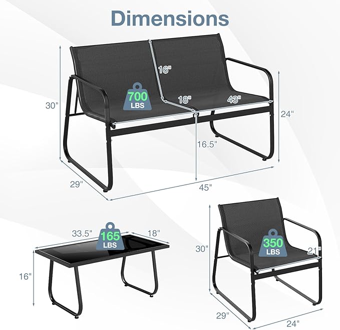 HAPPYGRILL 8 Pieces Patio Conversation Set, Fabric Lawn Chairs and Loveseat with Tempered Glass Coffee Table, Heavy Duty Metal Frame, Outdoor Furniture Set for Porch, Garden and Poolside