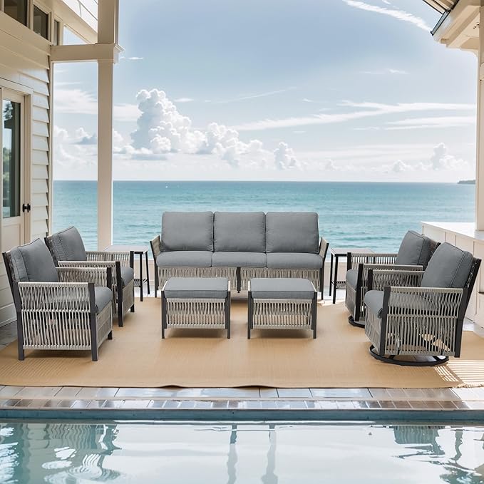 9 Piece Wicker Outdoor Furniture Set, Outdoor Swivel Rocker Chairs Set of 4 with Glass Side Tables Set of 2, Ottomans and Rattan Sofa, Patio Conversation Set for Deck Backyard Poolside (Grey)