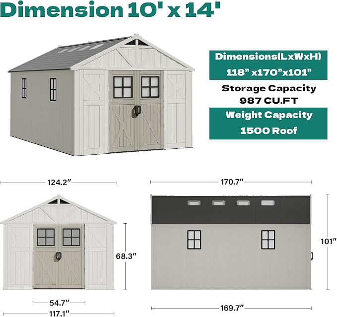 Devoko 10x14 FT Plastic Storage Shed with Floor, Large Resin Tool Outdoor Shed with Lockable Door & Windows, Outside Garden Storage Shed for Patio Backyard Lawn, Beige - Image 2
