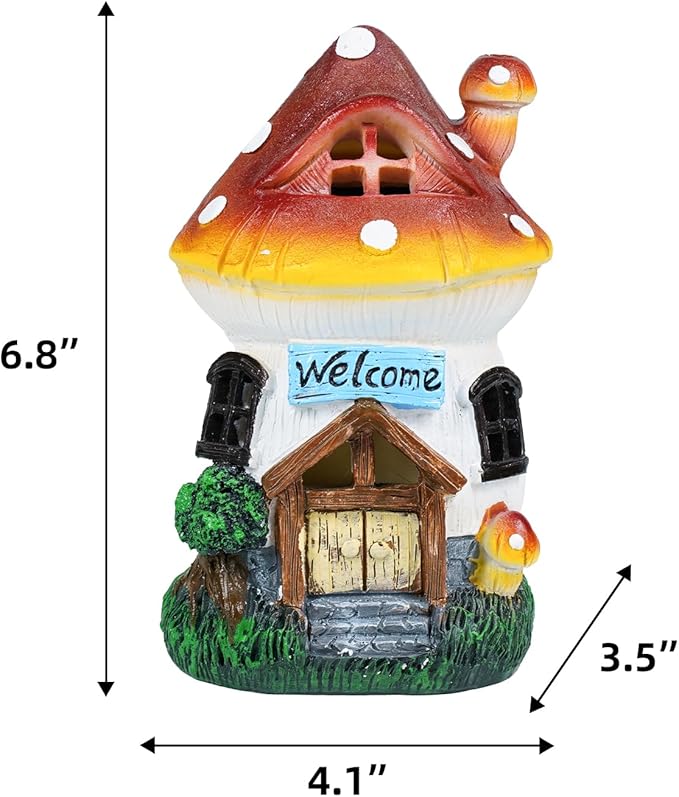 Ferrisland Solar Powered Mushroom House Statue with LED Light, 6.8 Inch Resin Garden Figurine with Welcome Sign, Outdoor Decor for Patio, Lawn, Yard, Pathway, Garden Gifts(Mushroom House)