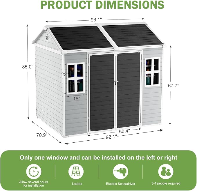 8x6x7 FT Resin Storage Shed, Waterproof Outdoor Sheds w/Floor Included, 2 Windows, Double Lockable Doors & Vents,Outside Plastic Tool Sheds for Garden, Lawn, Backyard, Poolside - Image 6