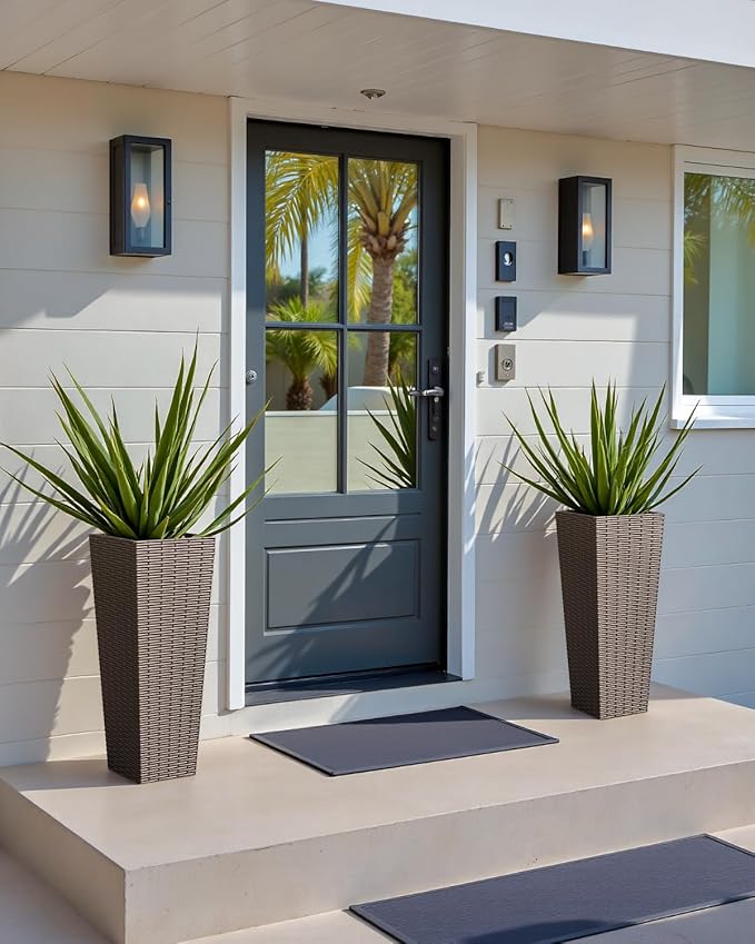 24 Inch Tall Plastic Planters (Set of 2), Detachable Inner Pot & Drainage Holes, Outdoor Decorative Flower Pots for Large Plants, Trees, Patio, and Garden, Brown