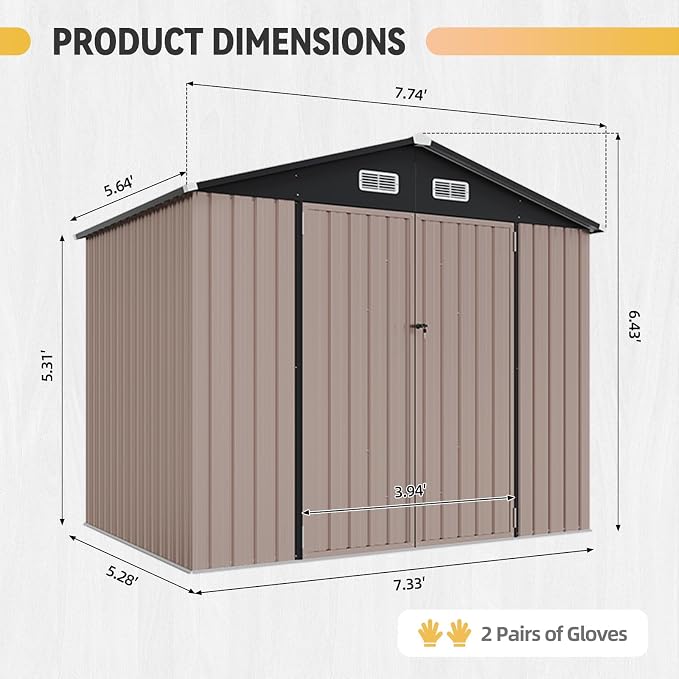 Aoxun 8x6FT Shed with Floor Galvanized Steel Outdoor Storage Shed Metal Garden Shed with Double Doors, Moisture-Proof Floor & Ventilation, Sloped Roof for Bike/Generator/Tool Storage (Brown) - Image 8