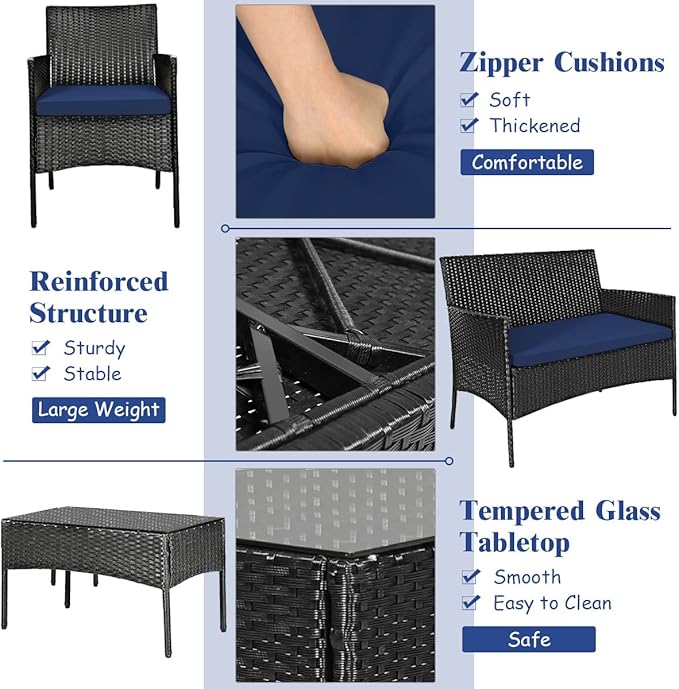 4 Pieces Patio Furniture Set, Outdoor Conversation Set with Ergonomic Curved Backrest, Patio Chair Set with Water-Resistant Cushion & Tempered Glass Table for Balcony, Porch (Navy Blue)