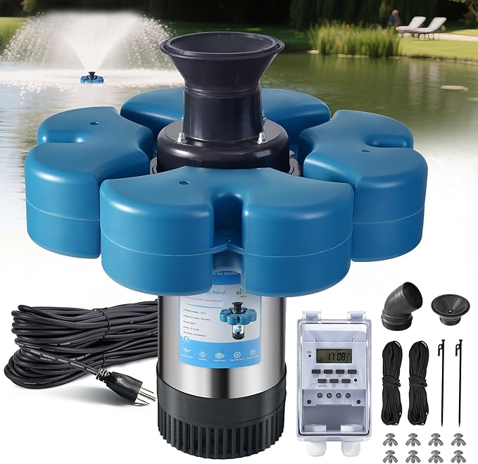 RELIY Pond Fountain Aerator, 1HP 110V 15000 GPH Fountain Pump, Fully Automatic Powerful Lake Floating Fountain, 100 FT Power Cord, 2x100 FT Traction Rope, (Stainless steel+Time switch)