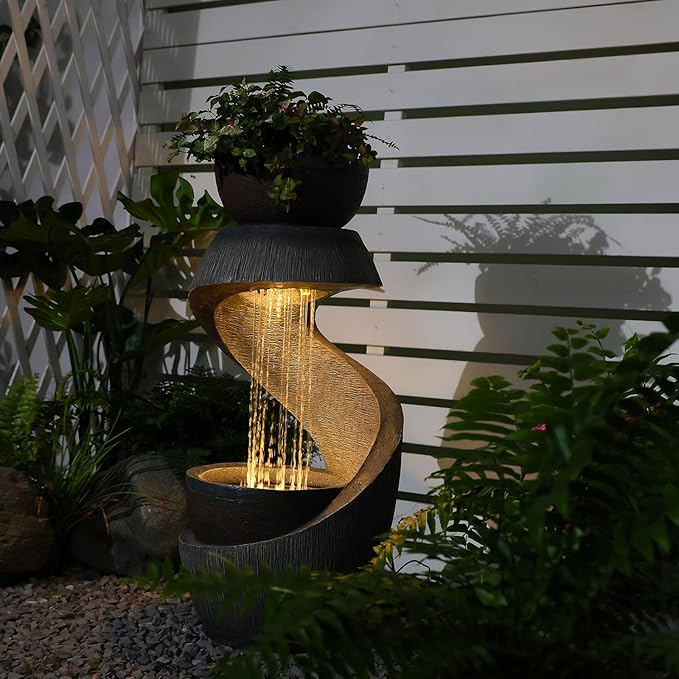 31.9" S-Shaped Outdoor Water Fountain with Lights – Resin Waterfall Fountain Outdoor with Planter Bowl, Modern Grey Garden Water Feature for Patio, Balcony, Yard, Home Decor