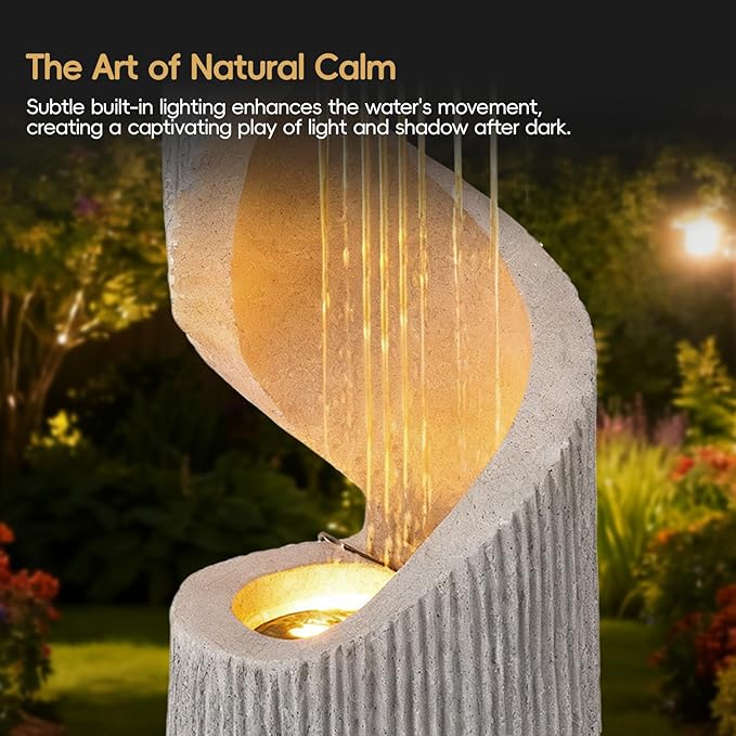40" Outdoor Water Fountain with LED Light, S-Shaped Modern Curved Outdoor Fountain, Spiral Column Fountain, Decorative Waterfall Feature with Flat Top Plant Display for Garden, Patio Decor