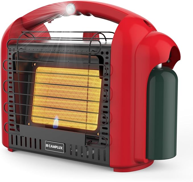 CAMPLUX Portable Propane Heater Outdoor and Indoor, 12000 BTU LP Gas Buddy Heater for Camping with ODS & Tip-over Protection, 1lb Propane Radiant Heating with LED light, Red