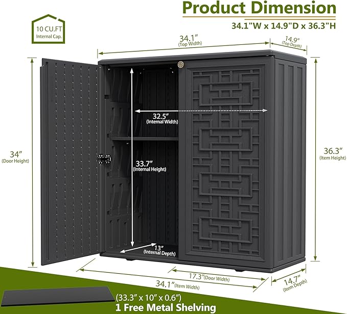 ZZM HDPE Outdoor Storage Shed, Outdoor Plastic Storage Cabinet, Horizontal Resin Tool Shed for Garden, All Weather Outdoor Storage Clearance, DIY Usage, with one Shelf (Black) - Image 3