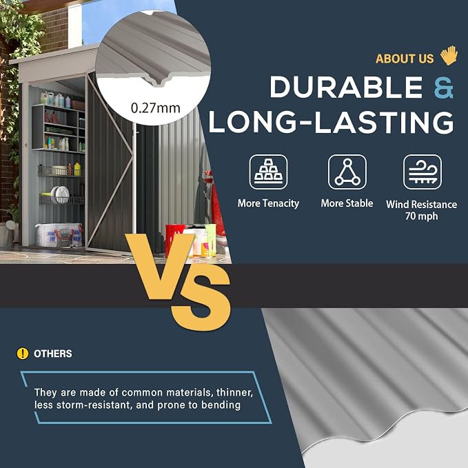 AECOJOY 5' x 3' Outdoor Storage Shed, Small Metal Sheds & Outdoor Storage Clearance with Lockable Door, Utility and Tool Storage Garden Shed for Backyard, Patio, Outside use in Dark Grey - Image 3