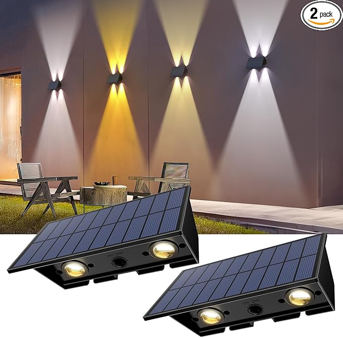 Solar Fence Lights, 2PACK Solar Wall Lights Outdoor Up and Down Waterproof IP54 Solar Light Outdoors for Yard Garden Pools House Deck Porch (Warm White & Natural Light & Cool White)