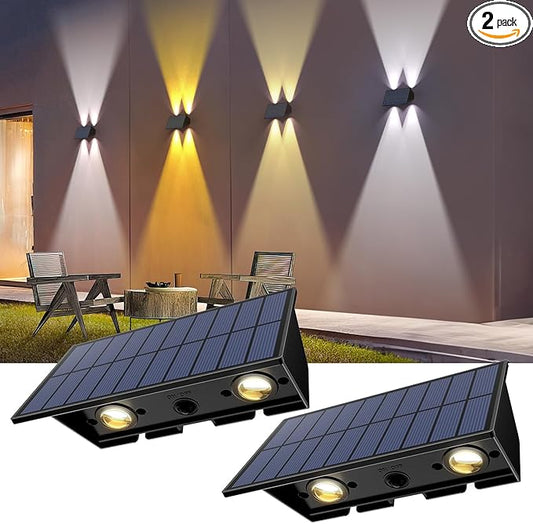 Solar Fence Lights, 2PACK Solar Wall Lights Outdoor Up and Down Waterproof IP54 Solar Light Outdoors for Yard Garden Pools House Deck Porch (Warm White & Natural Light & Cool White)