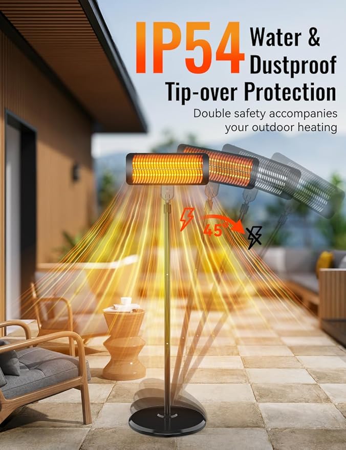 Outdoor Heaters for Patio, 12H Timer&3 Heat Level, IP54 Waterproof Electric Heater,1500W Infrared for 1S Heating, Tip-Over Protection, Towel Bracket, Remote, 83" Patio Heaters for Outdoor Use
