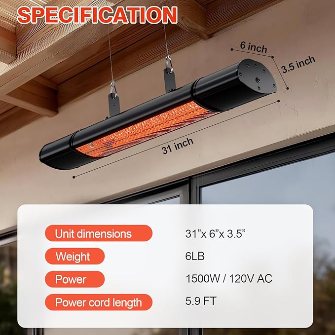 Electric Hanging Patio Heater with remote control, built in Temperature Control, Wall mounted or ceiling mounted, Suit for Outdoor, 1500W, Black