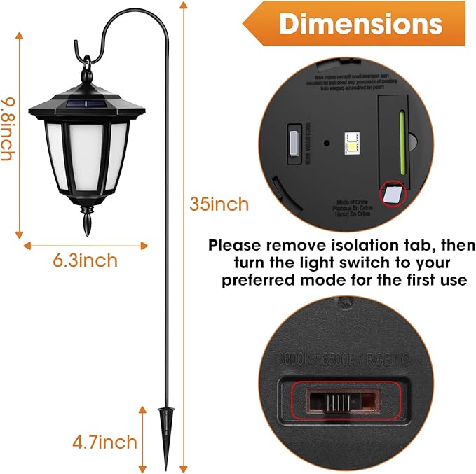 Viewsun 34 Inch Solar Hanging Lights, Shepherd Hook Lights with 4 Lighting Modes Waterproof Outdoor Decorative Solar Lantern Lights for Garden Decor, Patio, Backyard, Pathway, 6 Pack