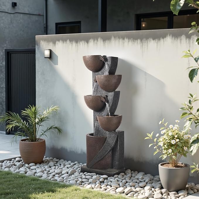 VEVOR Outdoor Water Fountain, 49.61 in Height Fountain and Waterfall, 5-Tier Floor Standing Jar-Shaped Cascading Fountains with LED Light and Pump, for Outdoor Indoor Garden, Home, Patio & Backyard