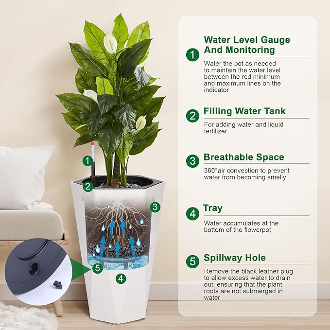 GarveeLife 22.5 in Tall Diamond Planters Set of 2, Self Watering Planters with Water Level Monitor and Wheels, Flower Pots Outdoor and Indoor for Patio, Porch, Living Room, Home Office, White
