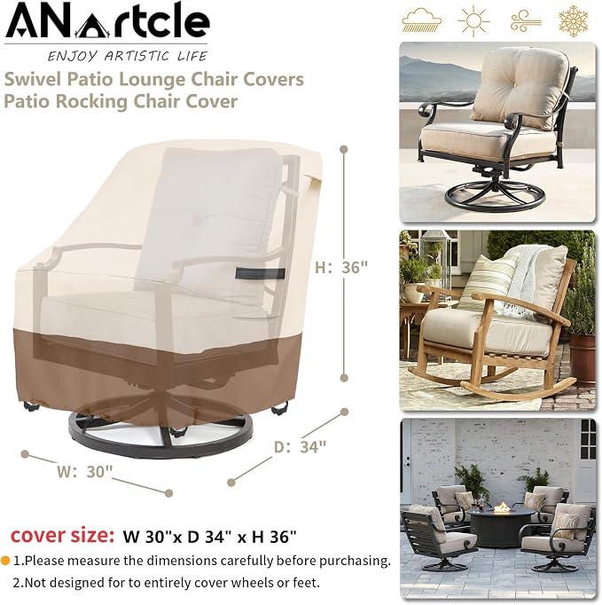 ANartcle Outdoor Swivel Lounge Chair Cover 2 Pack,600D Waterproof Heavy Duty Patio Chair Covers(30 W x 34 D x 38.5 H inches),Patio Swivel Chair Covers for Outdoor Furniture,Beige&Brown. - Image 3