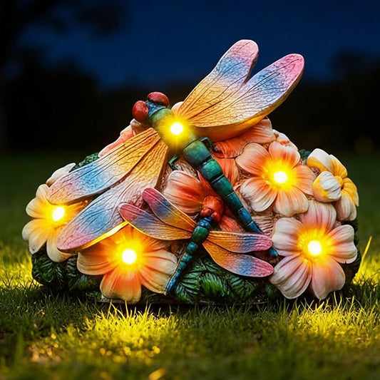 Dragonfly Solar Garden Statues Outdoor Decor5.5"-Waterproof Resin Yard Art with 5 LED Lights,Gradient Wings Figurine for Patio Lawn Porch,Unique Gardening Gifts for Women Mom Grandma Housewarming