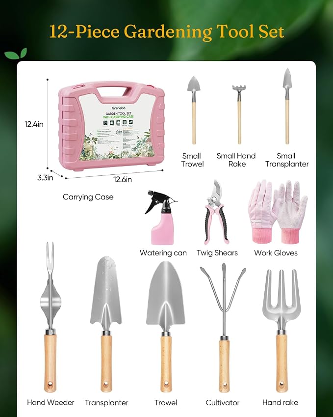Grenebo 12-Piece Womens Gardening Tools Gift Set, Rust-Proof & Heavy-Duty Garden Tools with Durable Carrying Case, Fashionable & Thoughtful Gardening Gifts for Women&Men (Pink-Silver) - Image 2
