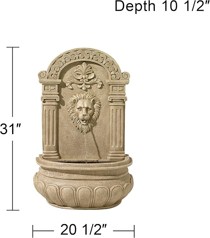 Royal Lion Face 31" High Large Italian Indoor Outdoor Decor Sand Stone Wall Fountain Basin Statue Water Feature for Outside Garden Patio Yard Backyard Porch Deck Relaxation - John Timberland