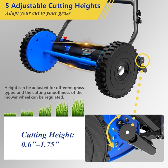 16-Inch Reel Lawn Mower with Grass Catcher and Tool-Free Blade Adjustment, 5-Blade Manual Push Lawn Mower, 5-Position Height Adjustable - Image 3