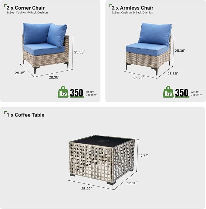 5 Piece Outdoor Patio Furniture with Glowing Coffee Table, Rattan Wicker Conversation Set with Sofa, Sectional Single Chairs for Outside Porch Balcony Backyard Pool,Light Blue