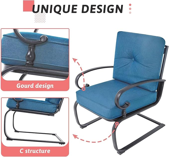SOLAURA 4-Piece Outdoor Furniture Patio Conversation Sets Swing Glider Loveseat and Spring Lounge Chairs with Side Table for Garden, Deck, Balcony, Poolside, Lawns (Peacock Blue)