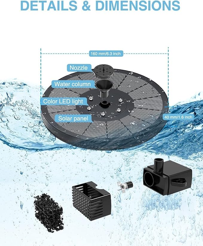 Solar Water Fountain,Upgrade 3W Solar Powered Bird Baths Fountains Pump, Solar Fountain with Lights 7 Nozzles Four fixators, Outdoor Bird Bath. GardenPond,Decorative Water Fountains.